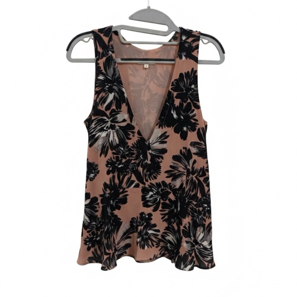 Rebecca Taylor Black and Pink Floral Sleeveless Silk Peplum Blouse